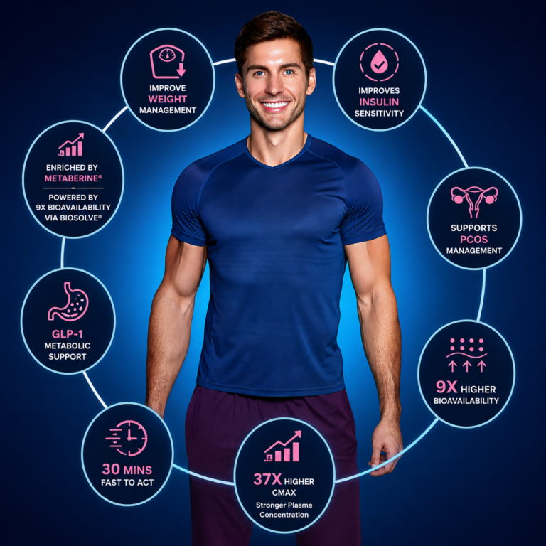 Infographic highlighting Metaberine's metabolic health benefits, including GLP-1 support, insulin sensitivity, and weight management